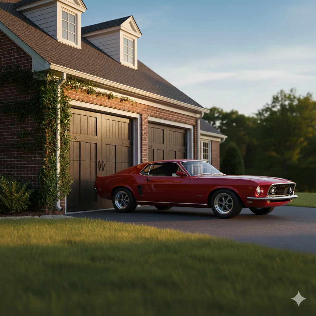 A premium insulated dark wood garage door with a vintage red car parked outside.